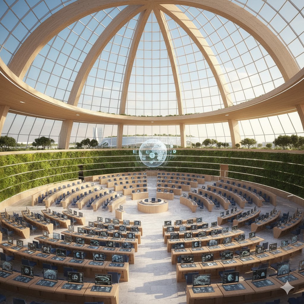 Der Plenarsaal: Diese Perspektive zeigt den Hauptsaal, wo die Legislative tagt. Sie wird futuristisch, lichtdurchflutet und mit natürlicher Materialien und grünen Elementen gestaltet sein.